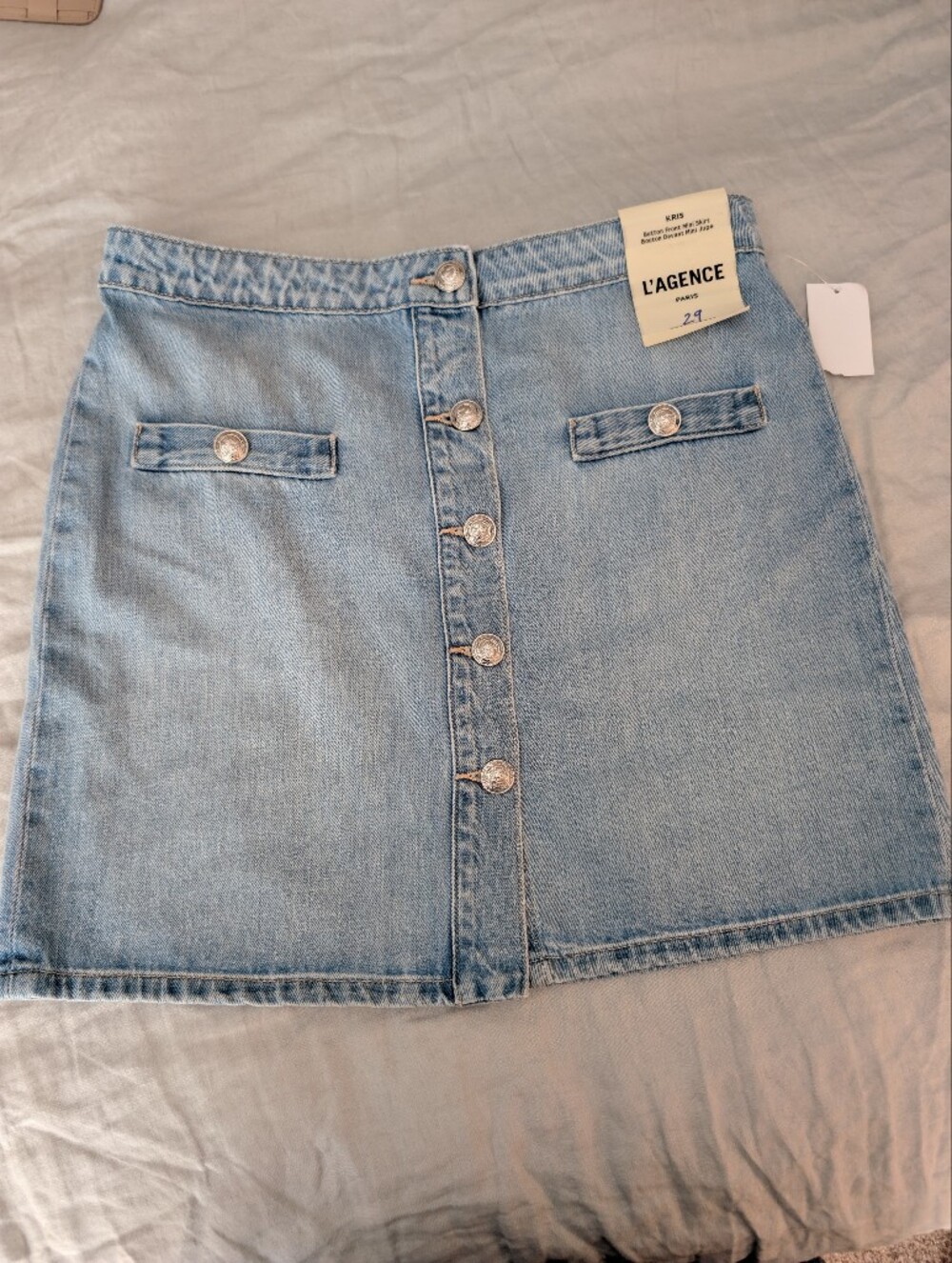 NWT L'AGENCE Kris Button Front Denim Mini Skirt Fontana Light Wash Size 29